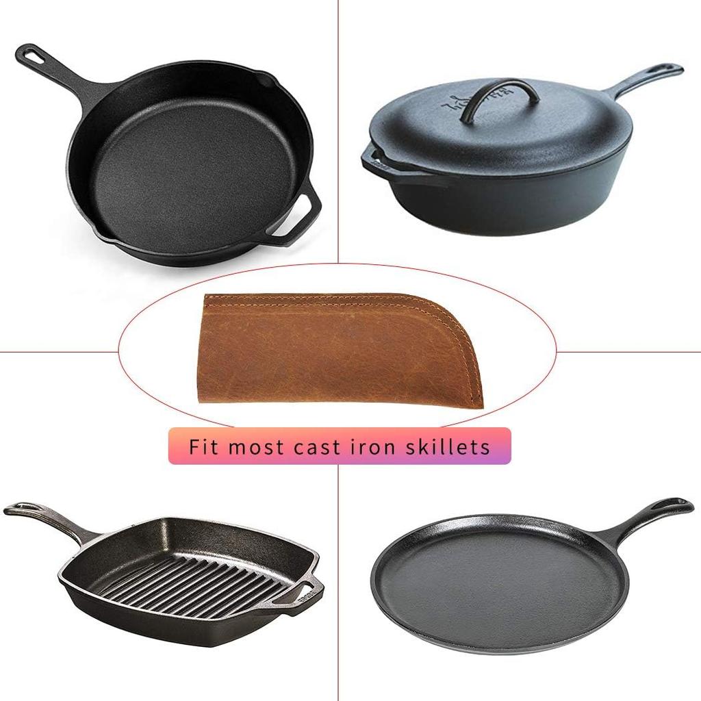 Handmade Leather Cast Iron Pot Handle Cover, Assist Pan Holder, Double Layered Heat Resistant Potholder for Cast Iron Skillets