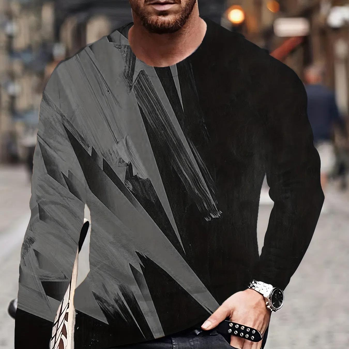 

3D цифровая печать цветных блоков мужская футболка с длинным рукавом облегающая на весну осень, мужские модные топы с круглым вырезом 6XL