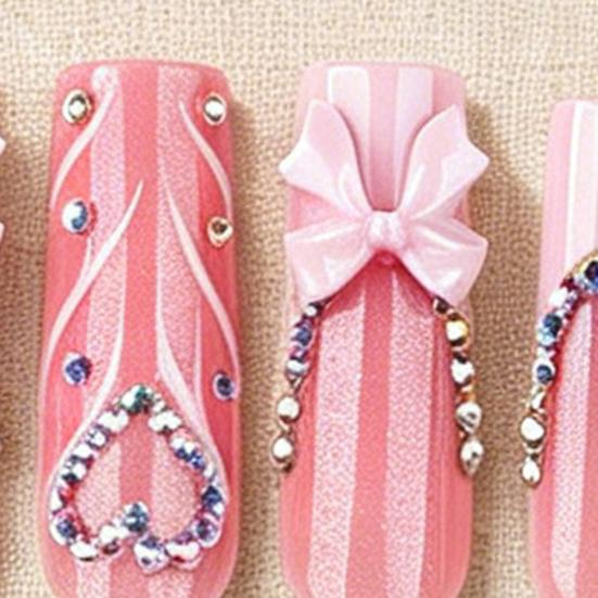 24Pcs Long French Tip Press on Nails, 3D Pink Bow Rhinestone Stick-on Nails for Women, Removable Full Cover Glue on Fake Nails