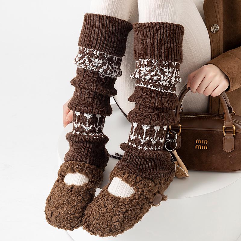 

Женские гольфы Zhuji Осень/Зима в стиле Fair Isle Лесной стиль, Толстые теплые ретро-гетры на икры с серым ромбовидным узором Fair Isle Sock Covers кофейный