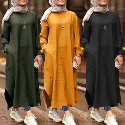Damen Muslimisches Kleid, islamische Kleidung, Langarm-Shirt, runder Kragen, einfarbig, Maxikleider, lässig, Tasche, Musulman, Dubai, Kaftan, Robe Plus