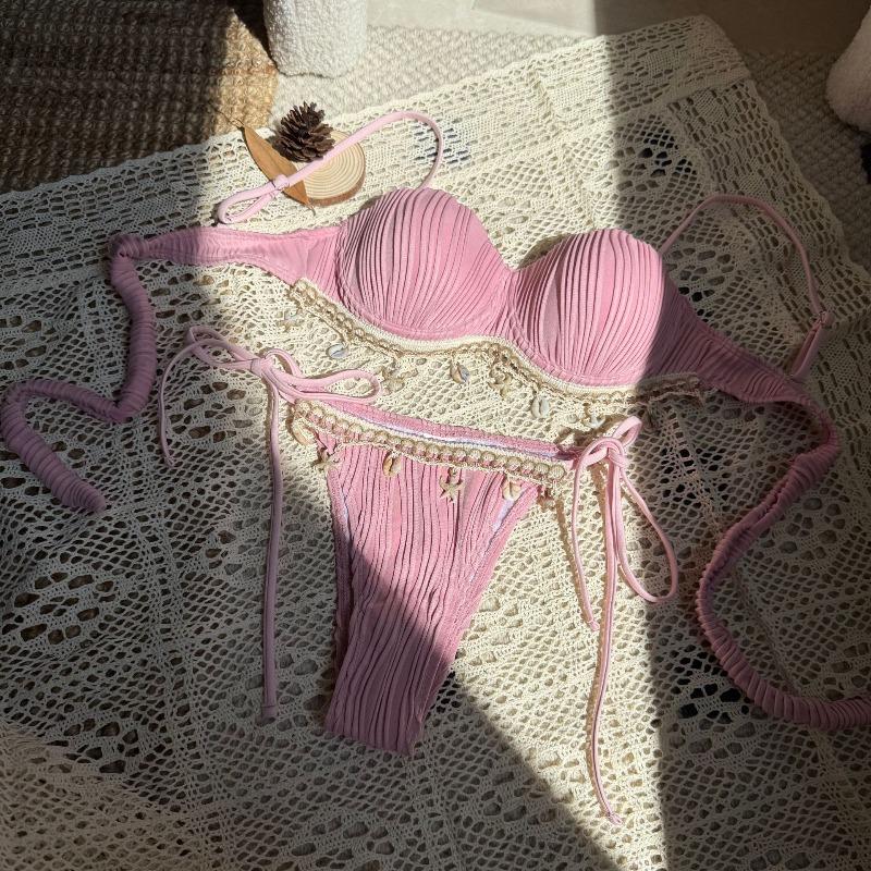 European and American New Solid Color Shell Petal Hard Bag Sexy Split Swimsuit Bikini