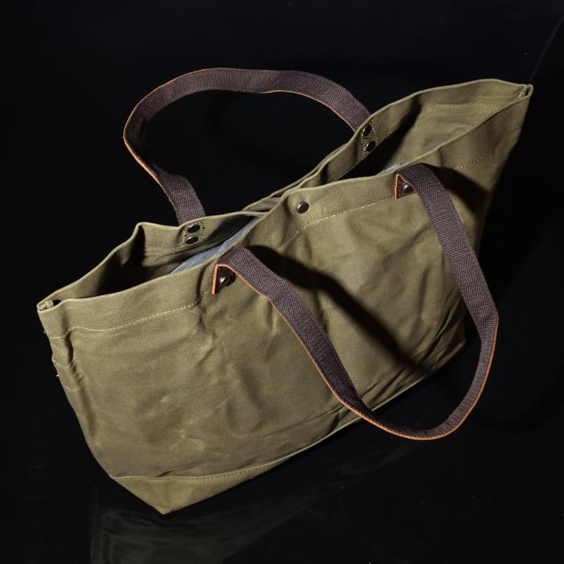 Eight Boar Big Size Dodeka Tote Bag, Genuine Cowhide Leather and Oilwax Canvas, Military-Style Boston Tote BagMother's Bag (Green)