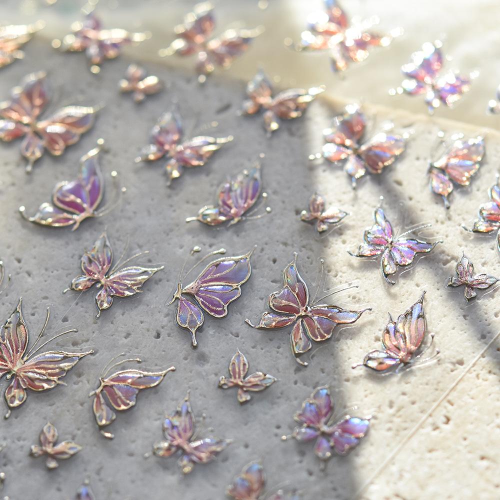 Gradient White Pink Butterfly Flower Shiny Stars Chic Spring Petal 5D Soft Adhesive Nail Art Stickers Decorations Manicure Decal