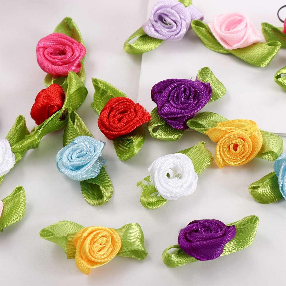 100pcs DIY Crafts Multicolor Small Ribbon Roses Artificial Rosettes Bow-Knot Decorations Fabric Flowers