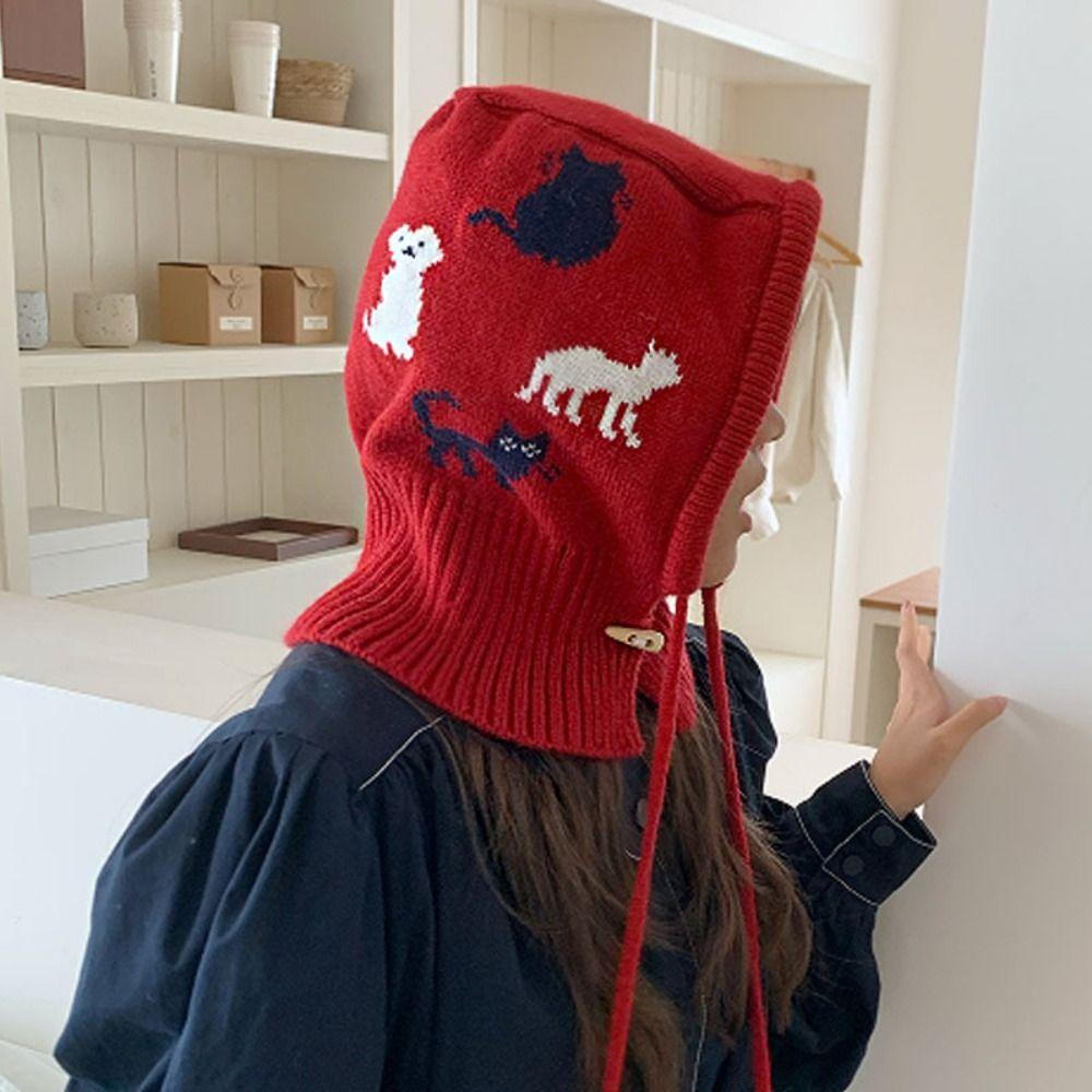 Kitten Jacquard Balaclava Hat Pullover Hat Winter Cap Fashion Ear Protection Hat  Outdoor