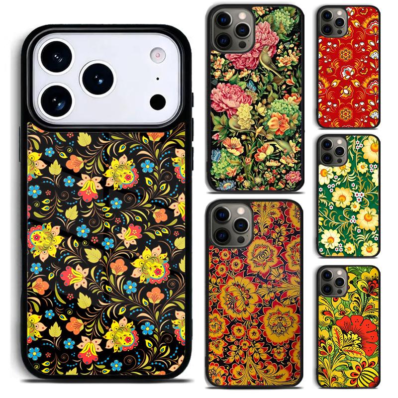 Khokhloma Russian Pattern Flower Phone Case for iPhone 17 16 15 Pro Max Air 14 13 12 11 Plus Shockproof Cover