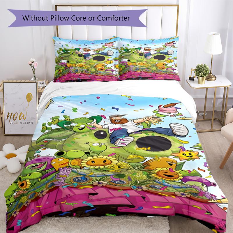 3pcs Plants Vs. Zombies Pattern Bedding Set Duvet Cover Set Includes Duvet Cover &pillowcases, Perfect All Season Bedroom Decoration & Gift