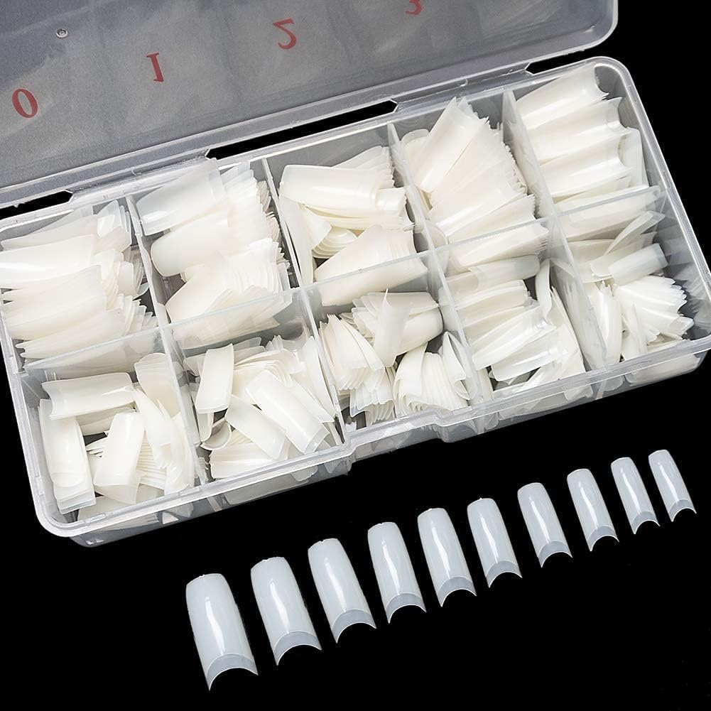 False Nail Tips for Nail Art Full & Half Cover Acrylic Fake Nails with Case, Square Shaped Nail Extensions for Diy Nail Art & Salons | French-500pcs