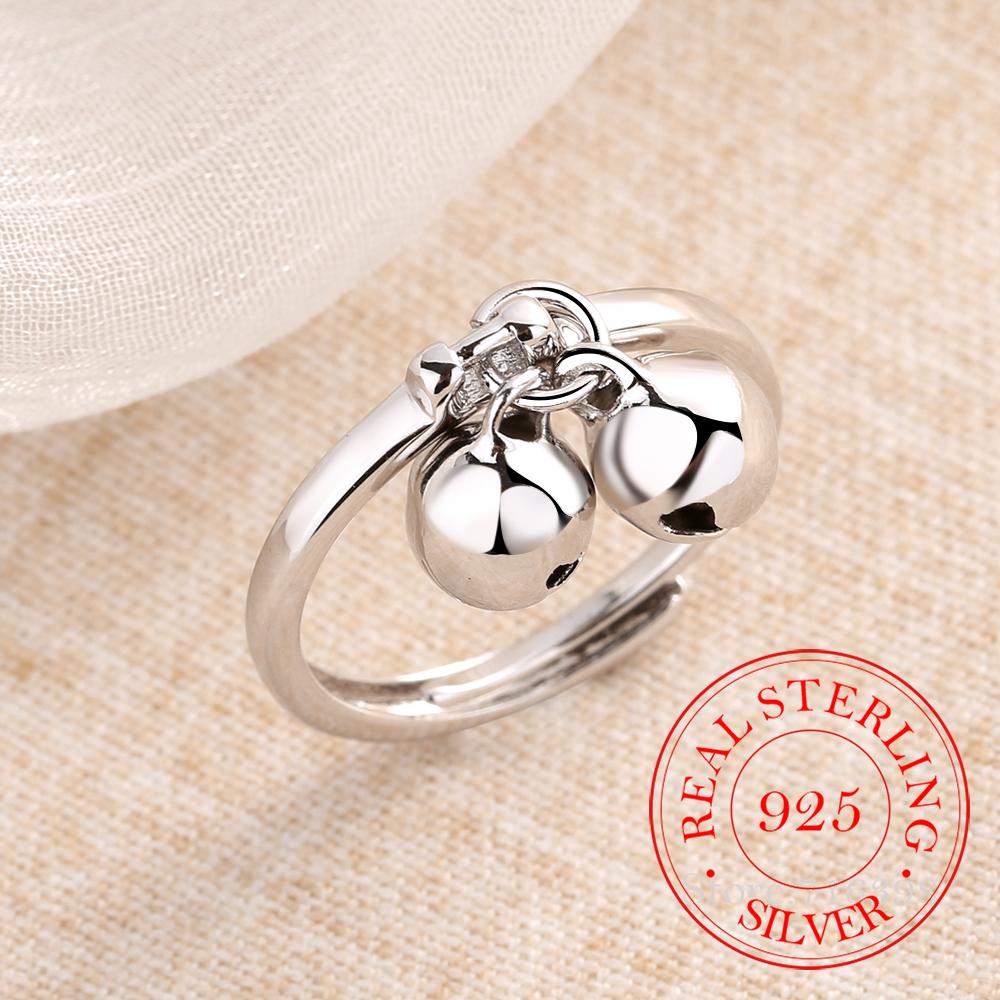 

925 Sterling Silver Rings For Women trendy Double Jingling Bell Fine Jewelry Beautiful Finger Open Anel For Party Birthday Gift resizable