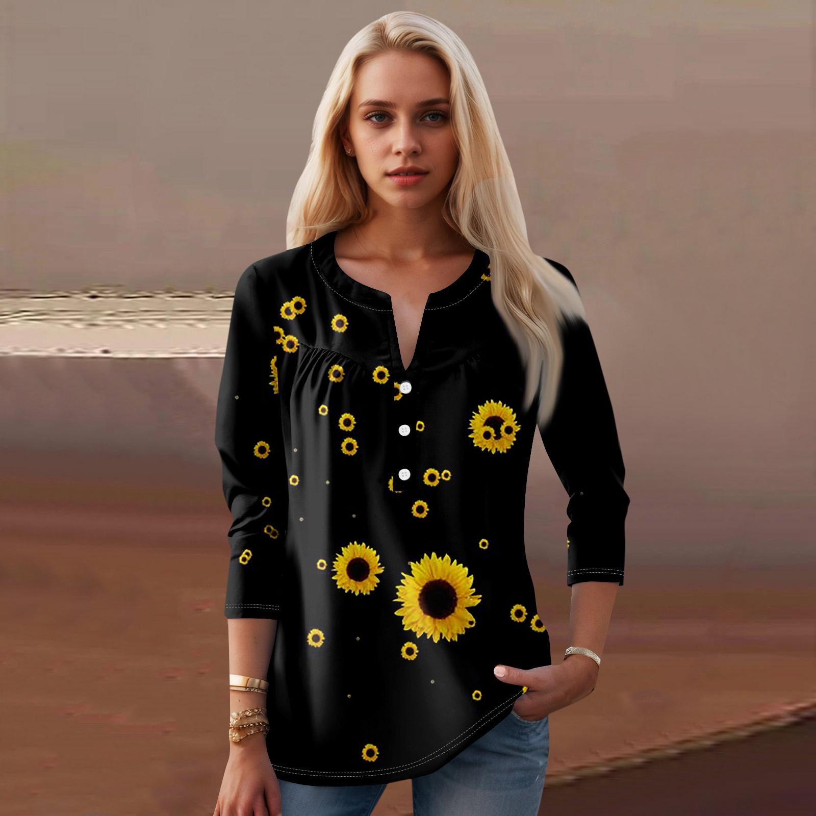 

Женская мода повседневный топ с длинным рукавом и круглым вырезом с цветочным принтом L чёрный