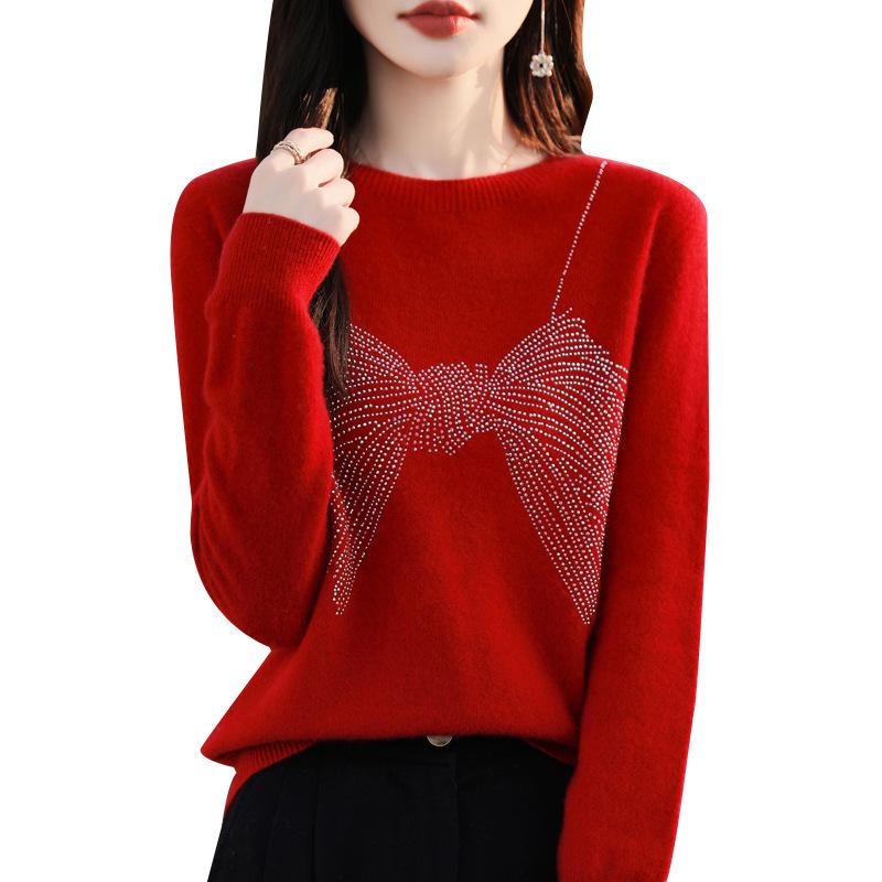Autumn and Winter Pullover Sweater Women's Round Neck Knitted Bottoming Shirt Hot Drilling Slim Sweater
