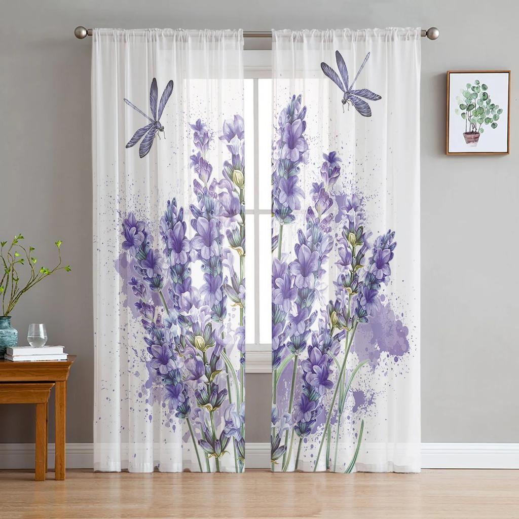 Dragonfly Flowers Curtain Living Room Voile Window Blinds Bedroom Tulle Drape Kitchen Cortinas Hall Curtains Light Filtering Polyester Ideal For Great