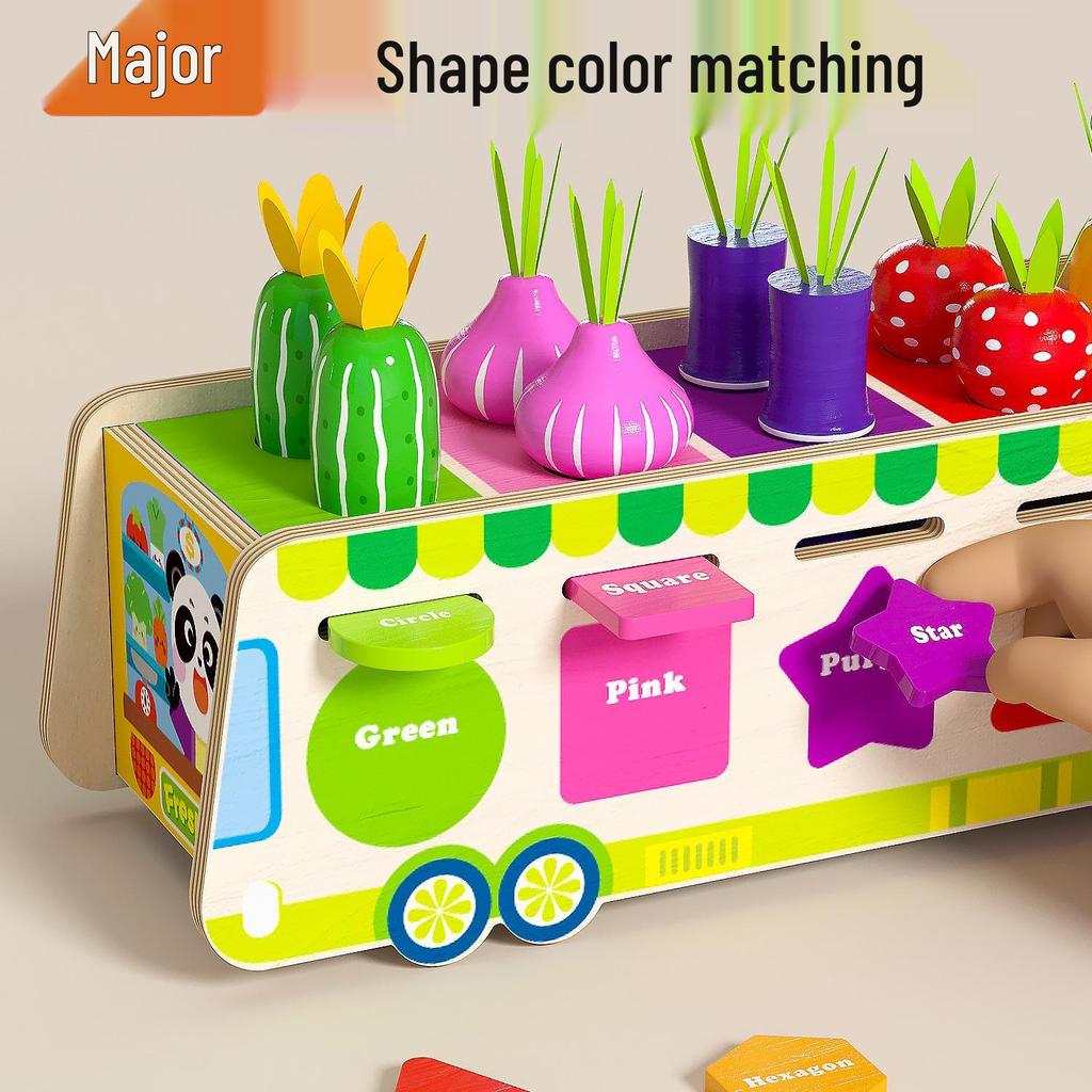 Kids' Educational Fruit & Veggie Vending Cart: Multifunctional Shape & Color Matching Toy with Pull-Along Radishes for Early Learning