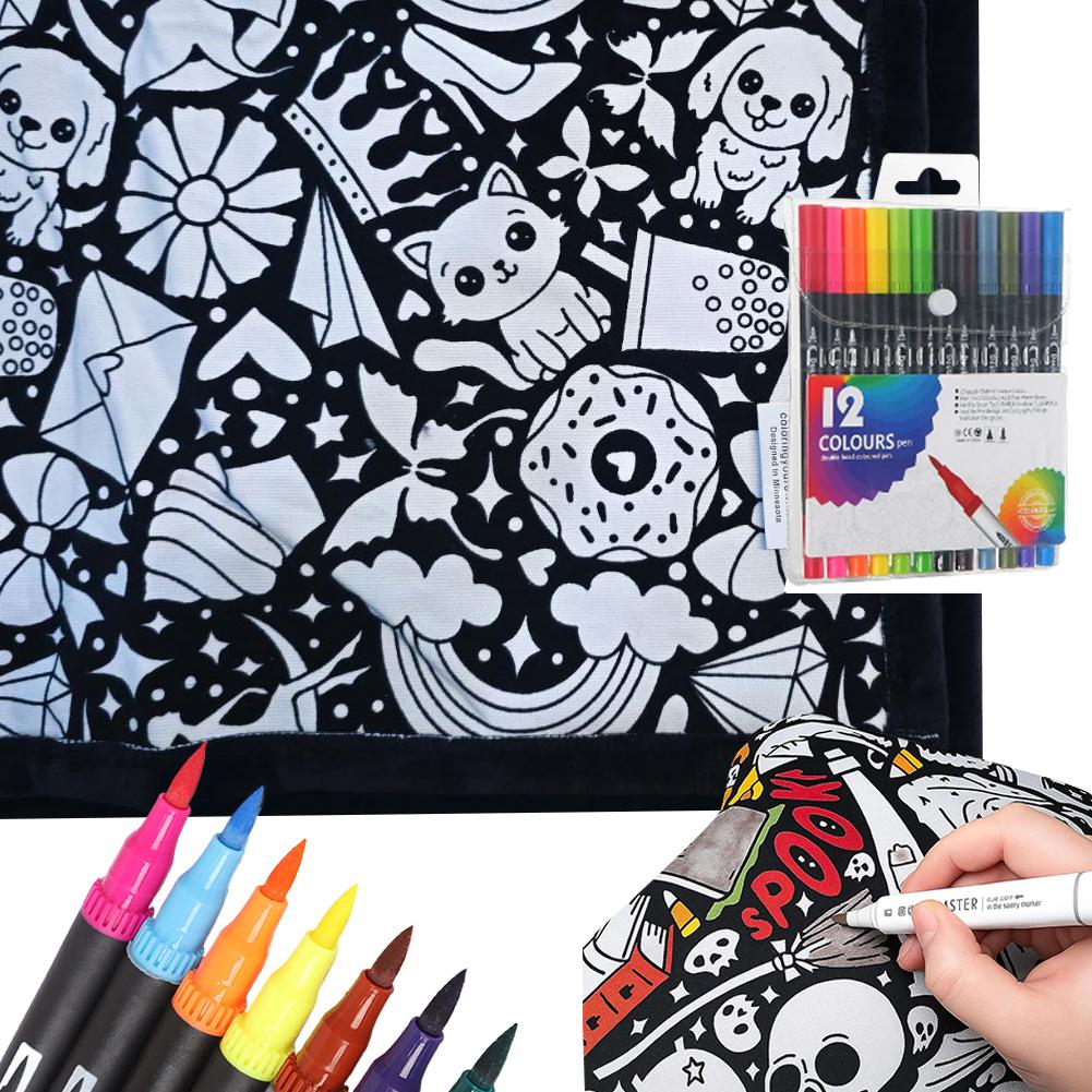 Дитяча ковдра для розмальовування своїми руками, що миється, з 12 кольоровими маркерами, Творча тканинна ковдра з квітами, пофарбованими на замовлення, для дорослих, для релаксації