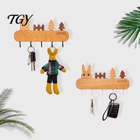 Adhesive Key Rack for Wall Wooden Holder with 5 Hooks, Cartoon House Theme Organizer, Multi Heavy Duty Screw Fixation Hooks Purpose Hanging