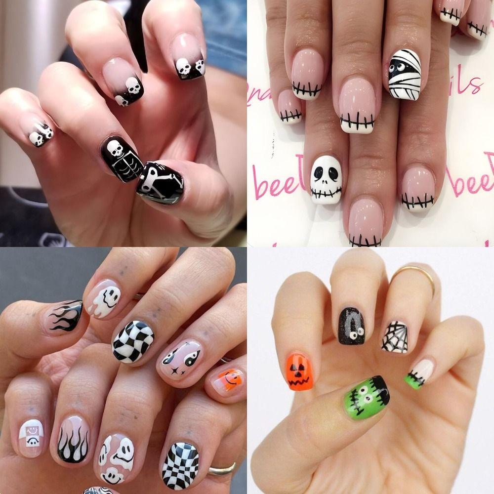 

Punk Style Halloween False Nail Pumpkin Press on Nail Tips Cool Wearable Short Nails Nail Art Tips