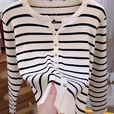 Autumn New Short Cardigan Striped Fashion Women's Crew Neck Knitted Long-sleeved Sweater Bottoming Shirt Tide