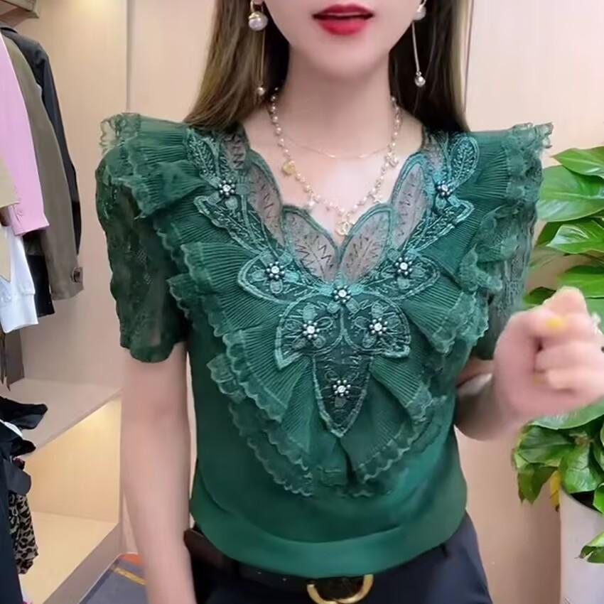 

Кружевная оборка с цветочной вышивкой Красивая спинка Короткий рукав Тонкая футболка Cover Meat Блуза Половина рукава L