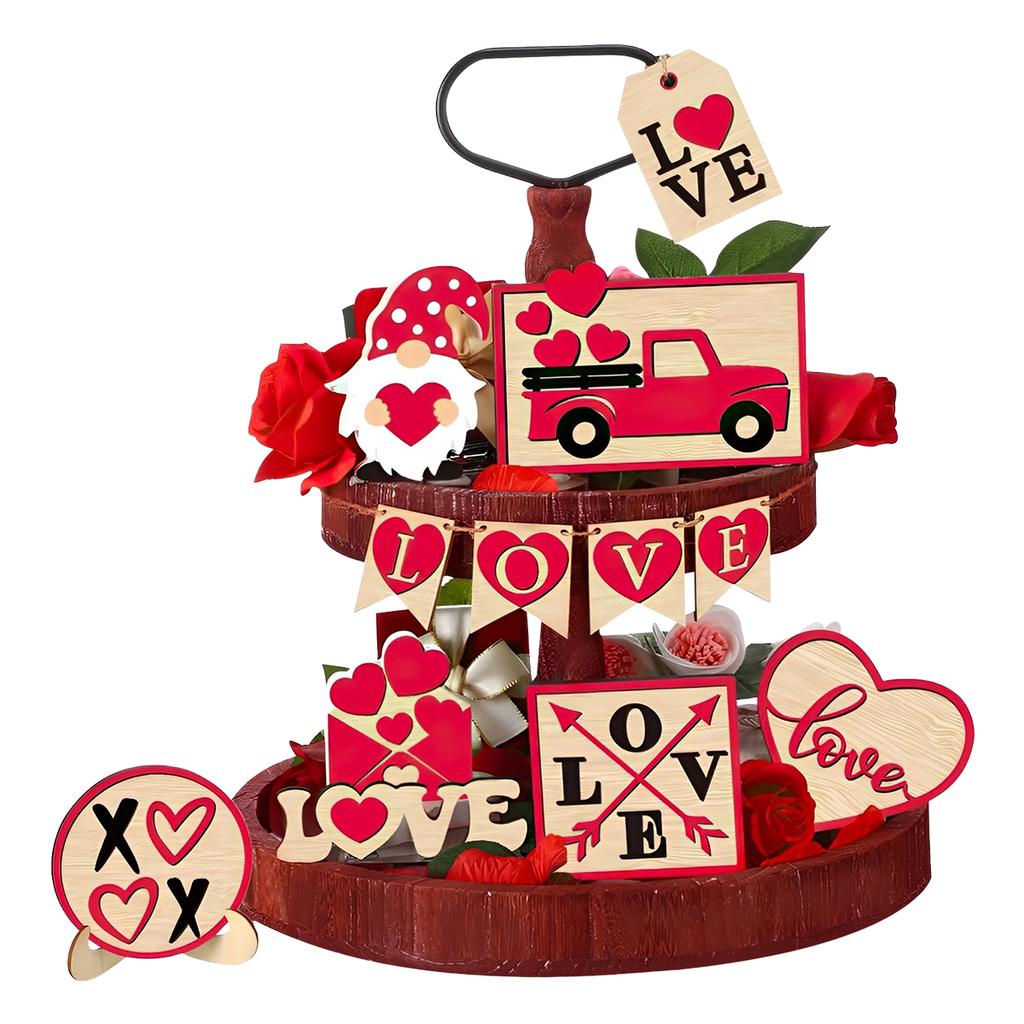 Valentine's Day Tiered Tray Decor Delicate Wooden Valentine Tabletop Decor Reusable Valentine Tray Decoration Love Red Truck