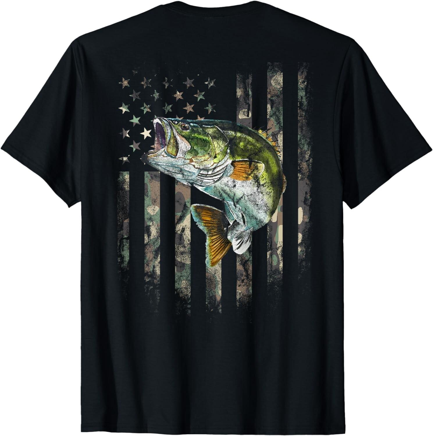 American Flag Print on the Back Camo Bass Fish Fishing Gift Unisex T-Shirt Mens Womens Tees Top S