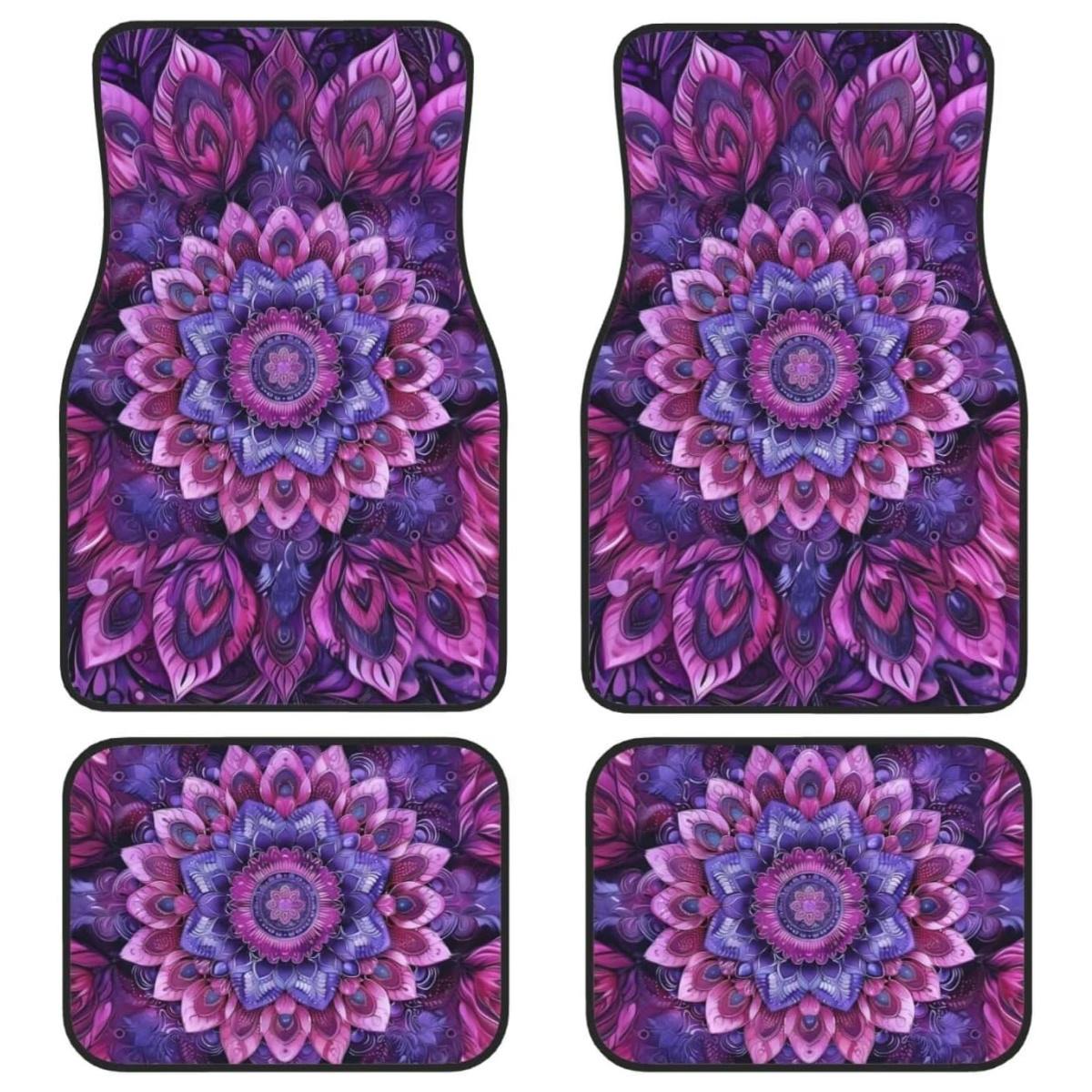 Универсальный набор автомобильных ковриков (4 шт.) - Загадочный фиолетовый цветочный узор, разработанный для таинственной элегантности, Аксессуары для интерьера автомобиля