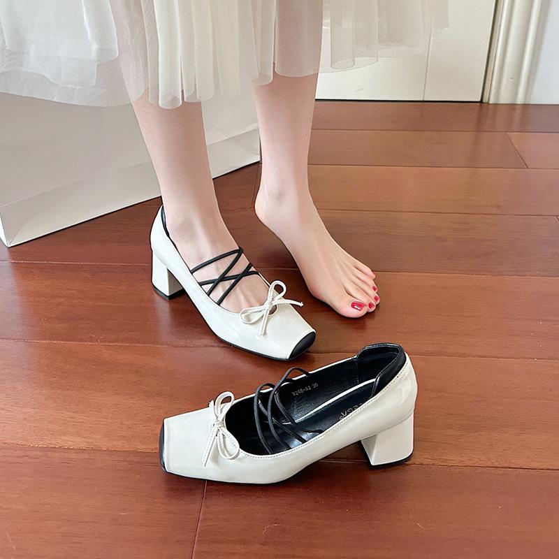 French retro color matching square head thick heel Mary Jane shoes female high heel fairy ballet shoes cross strap silver single shoes