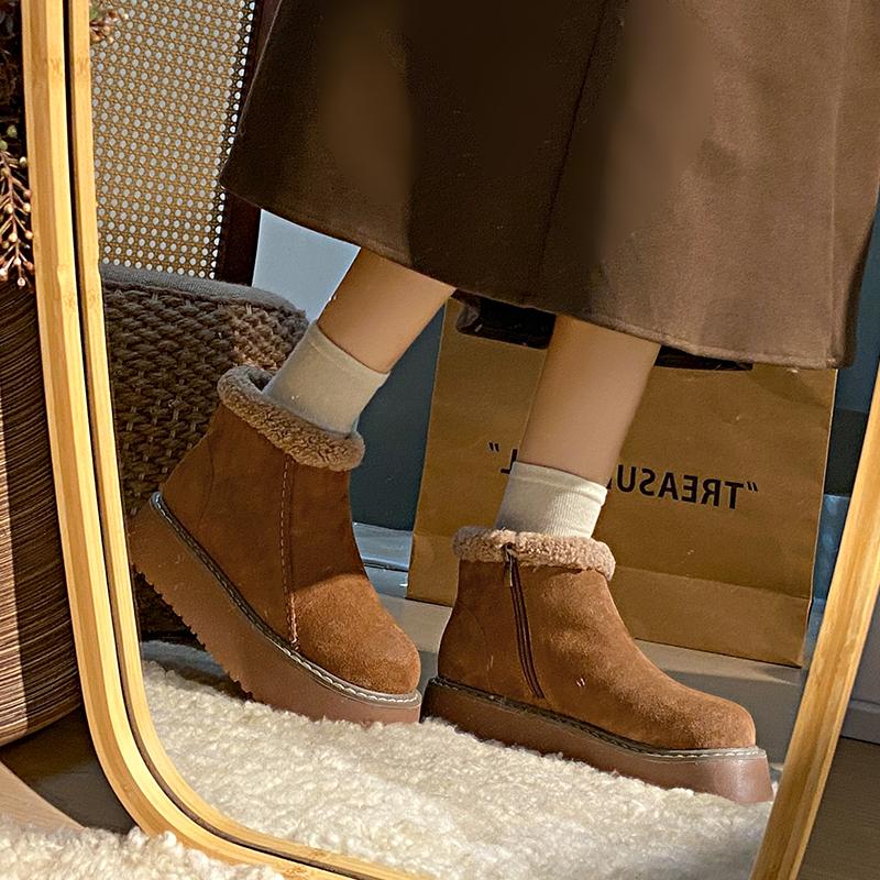 Klobbig Platå Plysch Ankelstövlar Kvinnor Vinter Halkfria Tjocka Plysch Snöstövlar Kvinna Faux Mocka Håll Varma Bomullsfodrade Skor