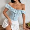 Off-Shoulder Rüschenmodebluse Damen Slim Fit Tops Elegant Süß Sommer Taillenbetonendes Hemd Damen Spitze Weste Lässig Slim Fit Bandage Kleidung