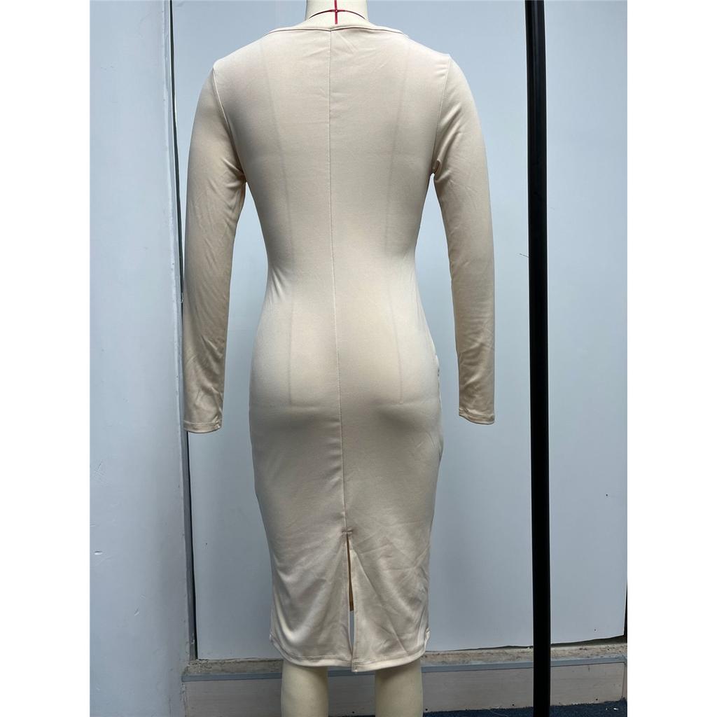Damen Langarm Rundhals Französisch Retro Slim Langes Kleid