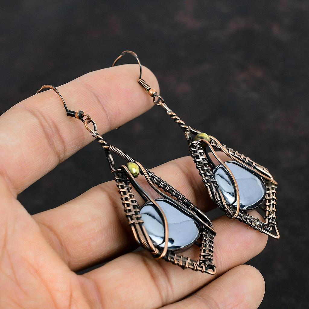 Brinco de Shungite Brincos de Fio de Cobre Enrolados Brincos Feitos à Mão Joias de Cobre com Pedras Preciosas Brincos de Designer Presentes para Ela Joias de Fio Enrolado