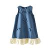 Girls and Children Korean Version of The Cute Imitation Denim Dress Summer New Sleeveless Bow Stitching Hem Skirt