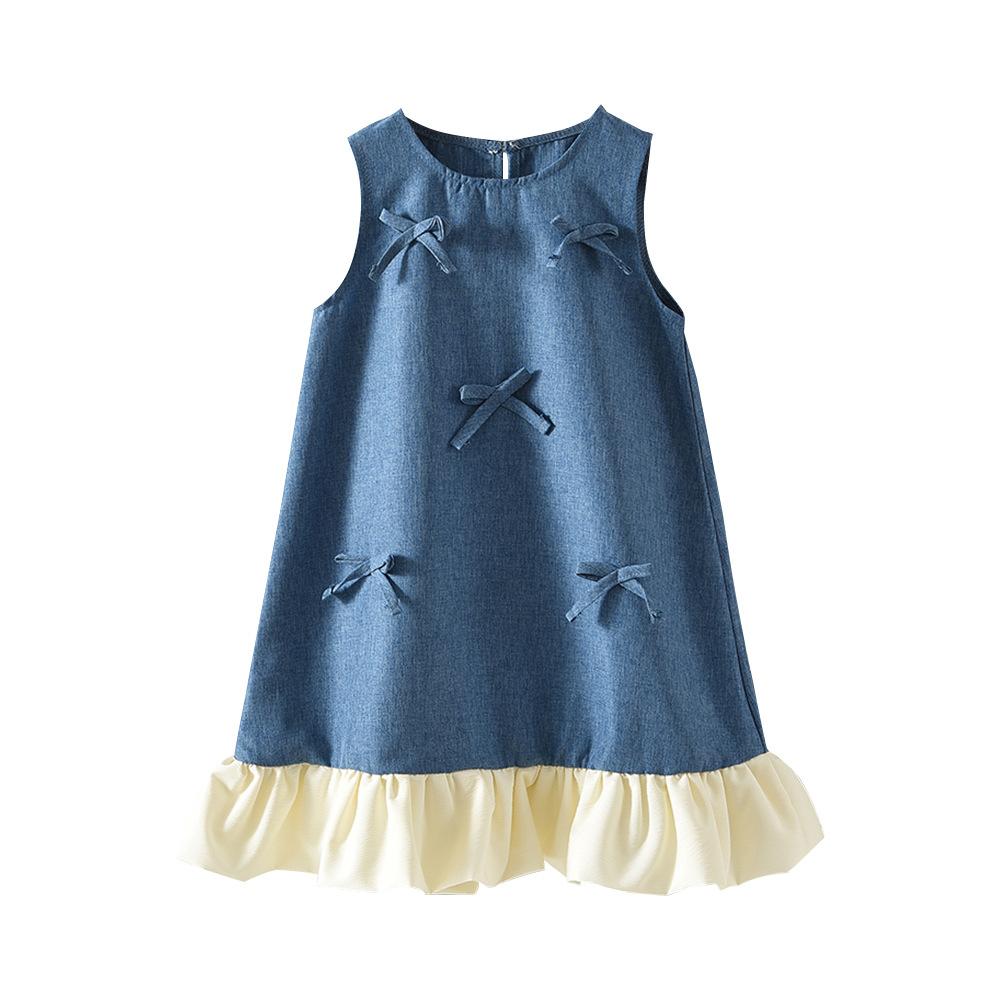 Girls and Children Korean Version of The Cute Imitation Denim Dress Summer New Sleeveless Bow Stitching Hem Skirt