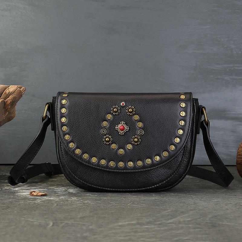 Johnature Genuine Leather Women's Saddle Bag Retro Handmade Rivet Shoulder & Crossbody Bags