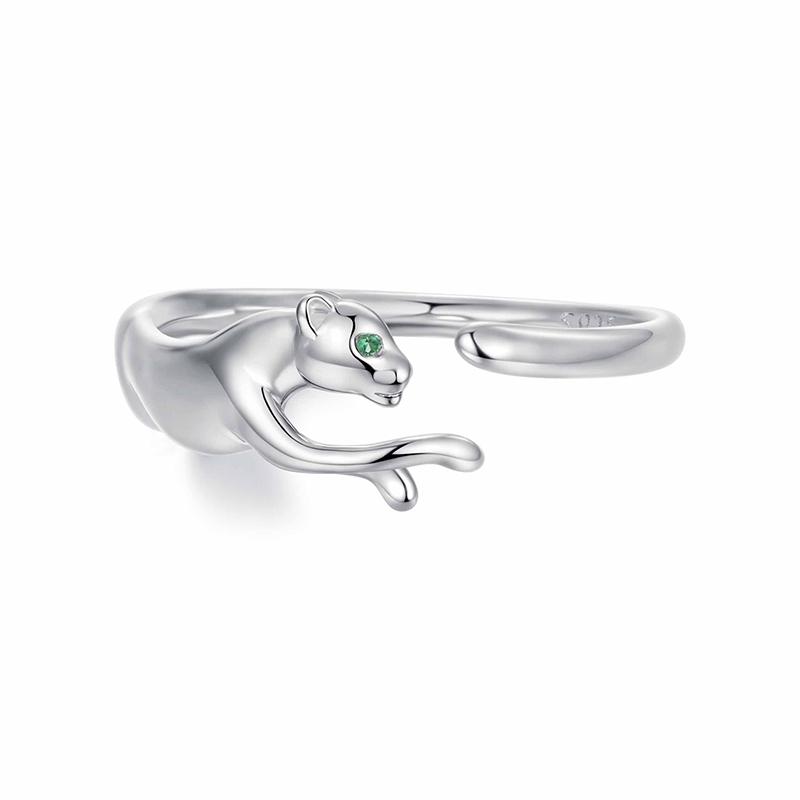 WOSTU S925 Silver Panther Leopard Ring for Women Elegant Big Cat Animal Adjustable Rings With Green Crystal Eyes Statement Gift