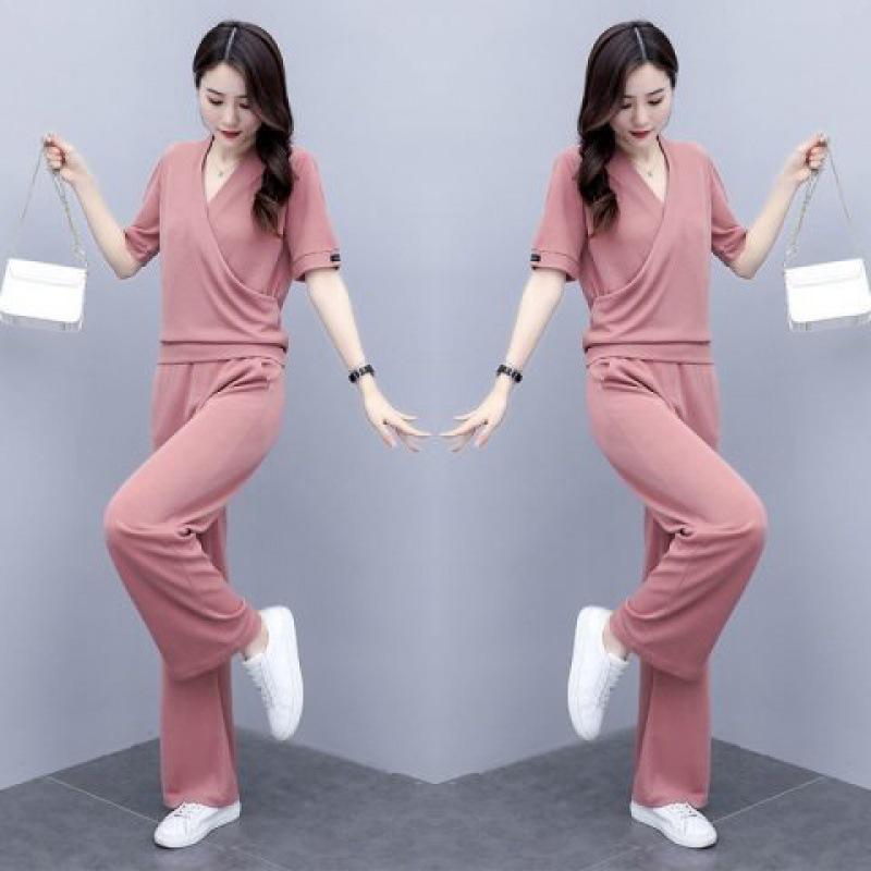 Chic Summer Women's V-Neck Top and Wide-Leg Pants Two-Piece Set - Trendy 2025 Xiaoxiang Style