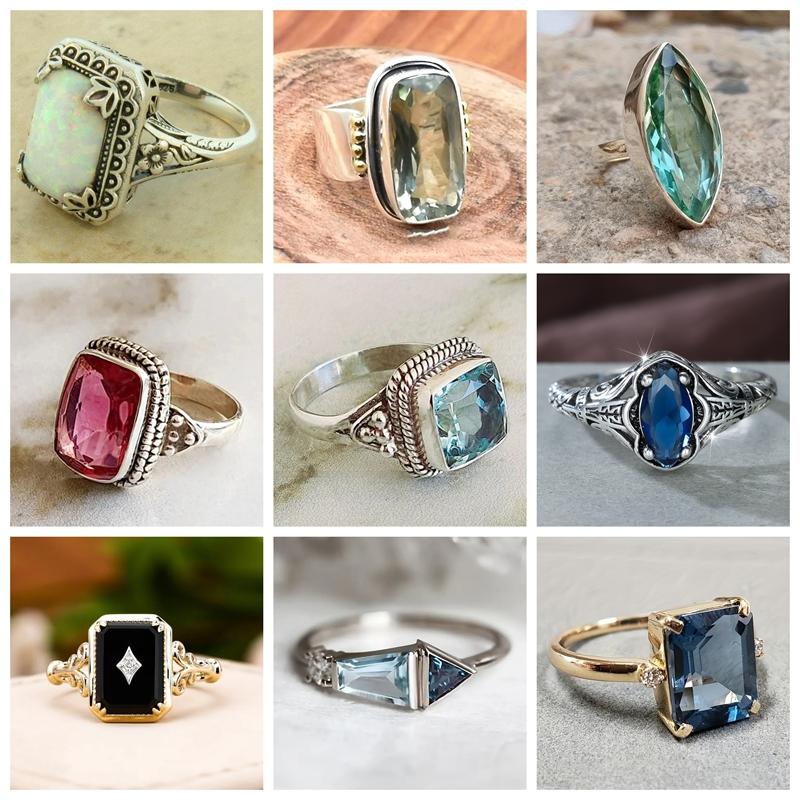 1Pc Vintage Geometric Shiny Zircon Ladies Ring Fashion Blue Zircon Jewelry Engagement Ring For Brides Wedding Ring Party Gifts