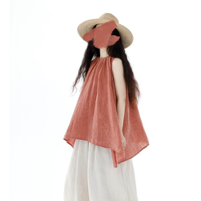 Women s Lightweight Sleeveless Top - Red & White Striped Linen Vest With Loose, Relaxed Fit Double Extra Large