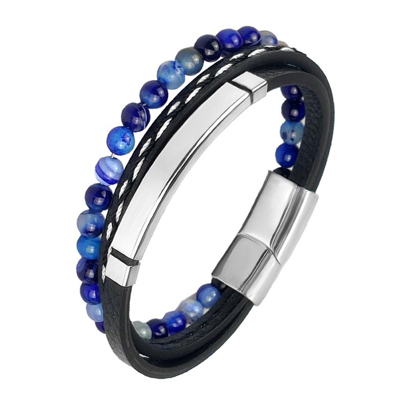 

MingAo Charm Men Jewelry Natural Stone Multi-Layer Leather bracelet Black Stainless Steel Magnetic Clasp Tiger eye Bead Bracelet 16.5cm