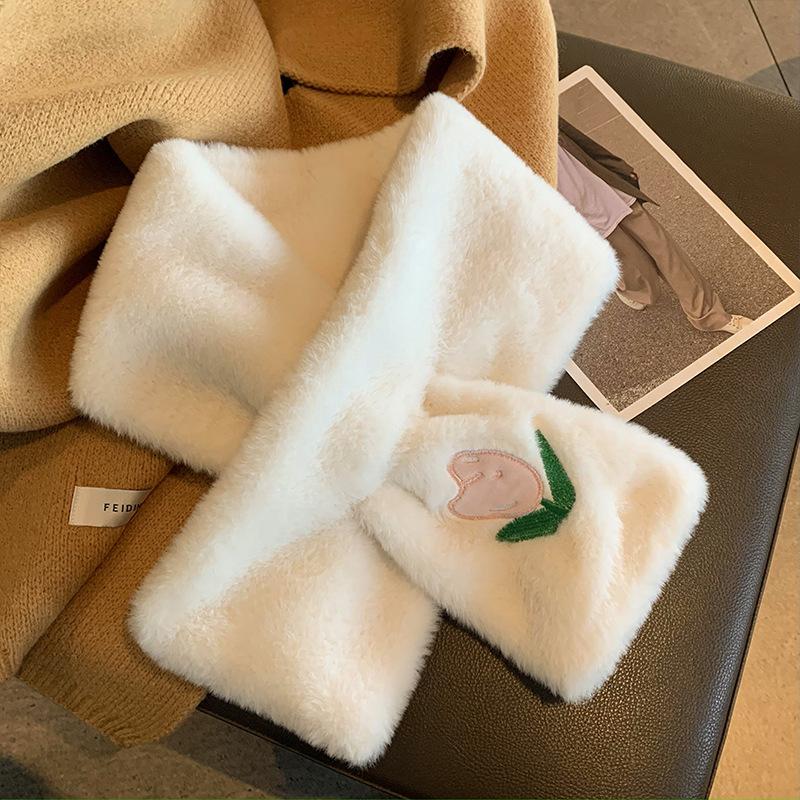 Tulip Bear Plush Women s Season Thickened Finger Cold-proof Sweet White Cute Little Scarf One size
