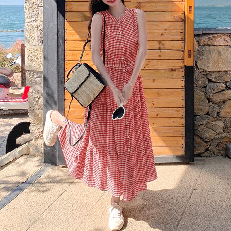 ZANZEA Women Casual Round Neck Loose Summer Grid Print Sleeveless Dress S красный