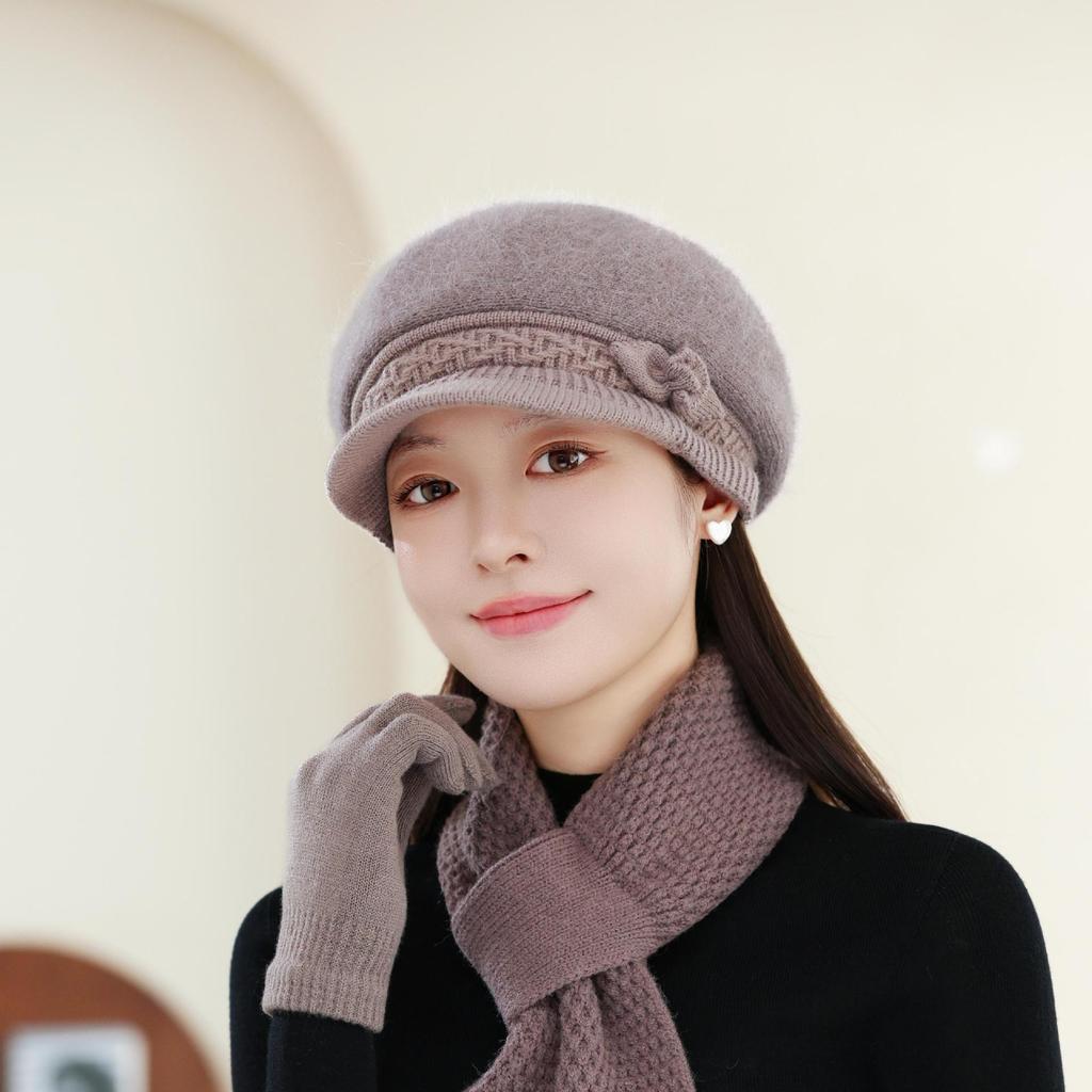Rabbit Fur Peaked Hat Women's Winter Windproof New Thickened Ear Protection Mother's Hat Outdoor Warm Knitted Hat Scarf