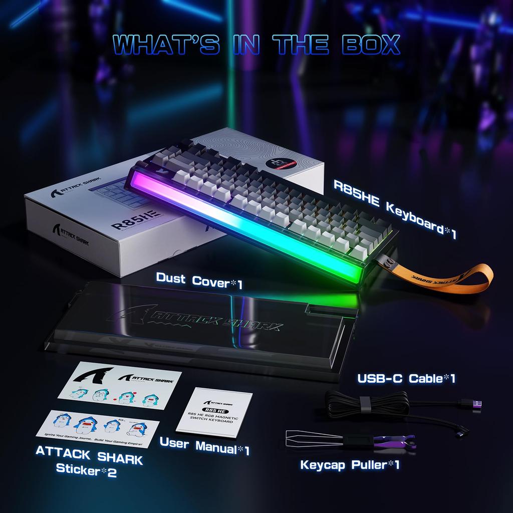 ATTACK SHARK R85HE Gaming Rapid 8000Hz Polling Magnetic Switches 16 Million Color RGB Mood PBT Cloud Driver Star Night Keyboard, Wired, Trigger, Rate,