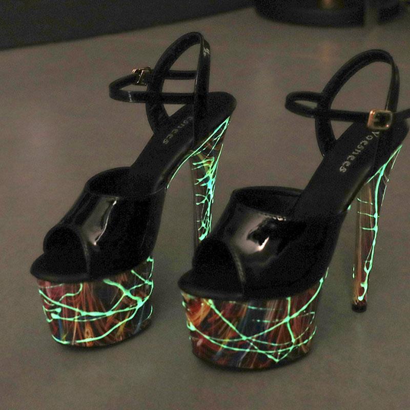 Damesko selvlysende lakkert lakkert skinn Høye hæler Fiskemunn Stilettsandaler 8661 Series 15cm Hæl 5cm Plattform LFD