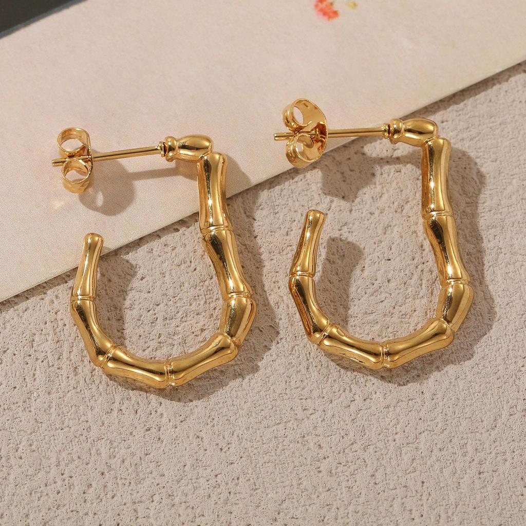 304 Stainless Steel Bamboo Texture C-Shape Hoop Earrings for Women