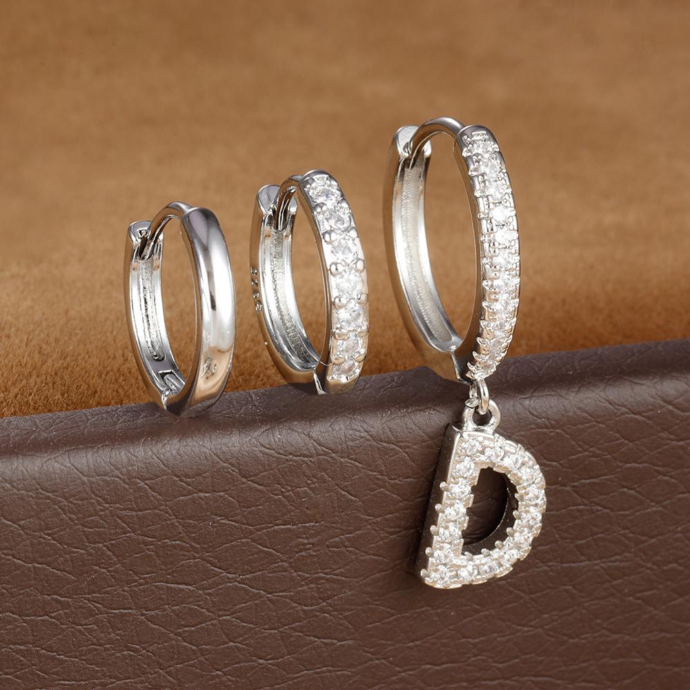 3pcs Silver Color Stainless Steel 26 Letters Hoop Earrings Set For Women A-Z Crystal Zircon Geometric Earrings Wedding Jewelry