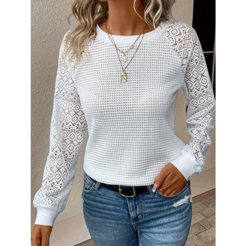 women s Hollow Out Mesh Knit Long Sleeve T Shirt Raglan Crew Neck Casual Solid Color Slim Fit Top Blouse S белый