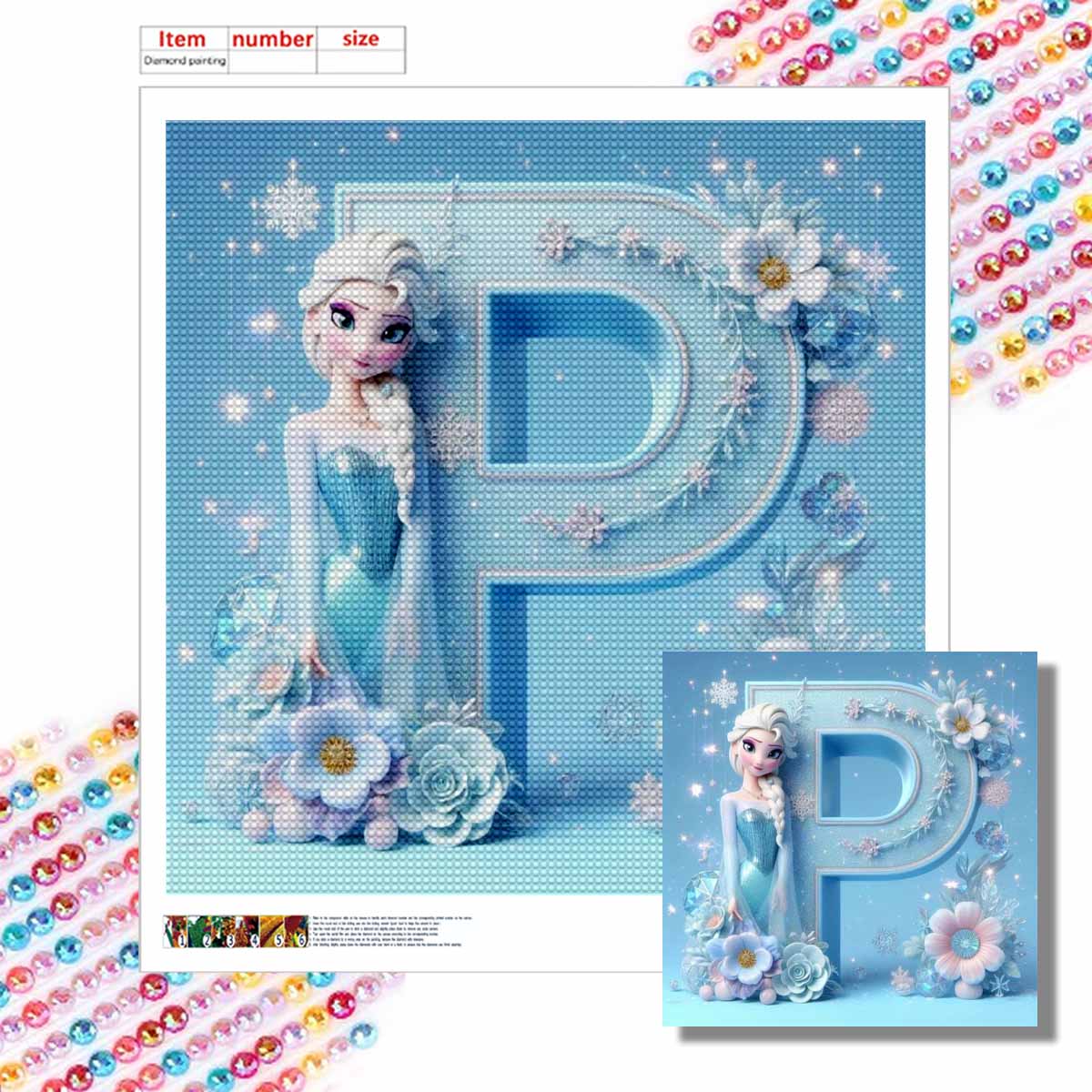 

DIY Diamond Painting Round Diamond The Letter P of The Snow Queen Elsa Full Diamond Mosaic Home Decoration Painting Cross Stitch Kit Round 20x20cm