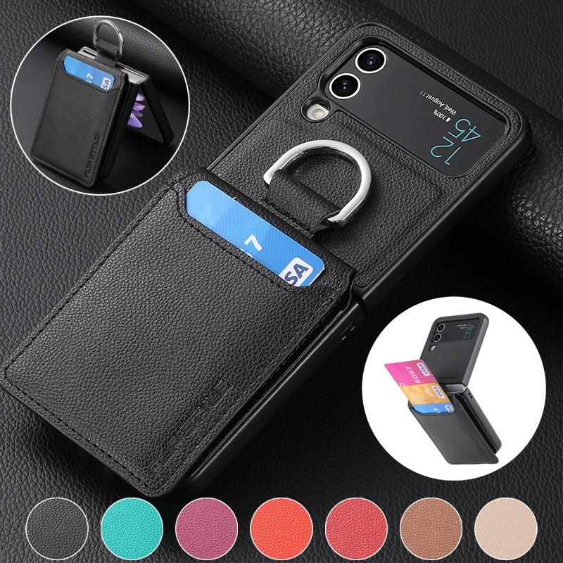 

Для Samsung Z Flip4 Flip3 Lychee Grain Роскошный однотонный чехол для телефона Ударопрочный ТПУ ПУ ПУ Кожа Слот для карт Кольцо Задняя крышка