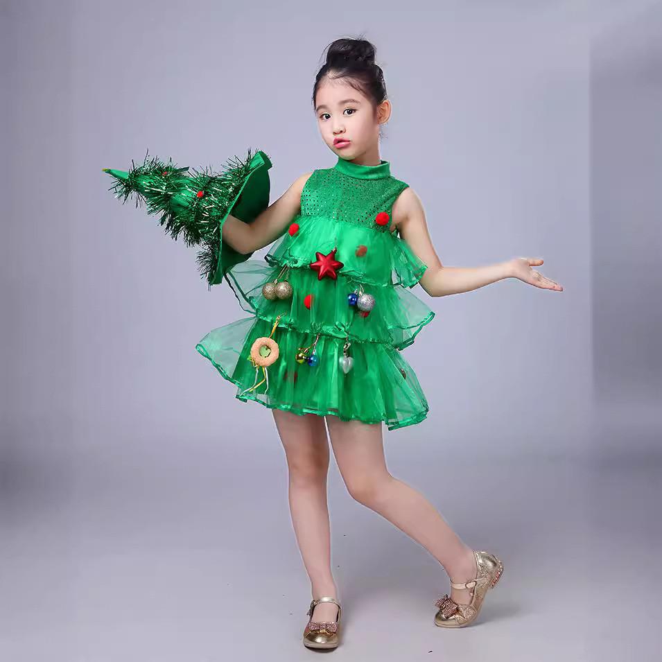 Kids Girls Xmas Green Elf Christmas Tree Dress Hat Sets Children New Year Cosplay Costumes Kindergarten Performance Role Play Outfit